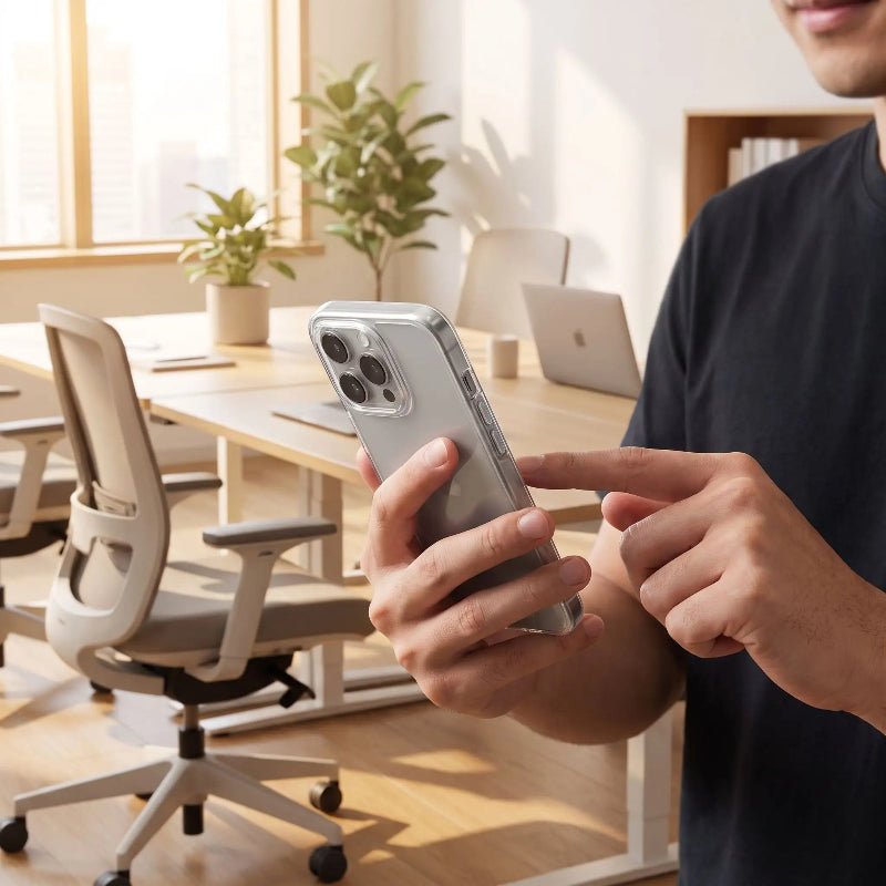 Iphone 13 coque transparente mise en place par homme sur téléphone Transpamat