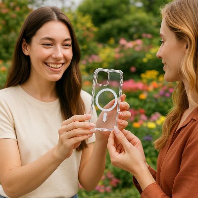 coque transparente amie montrant sa nouvelle coque en cadeau Transpa
