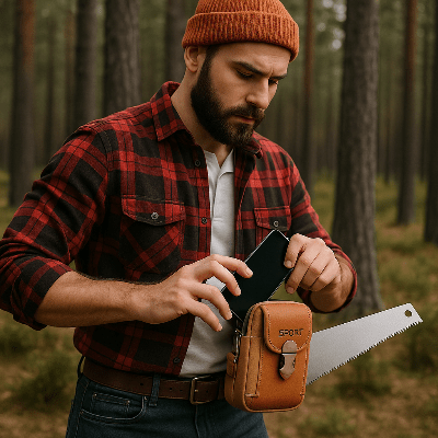 pochette pour téléphone bucheron décrochant son téléphone Ceinture