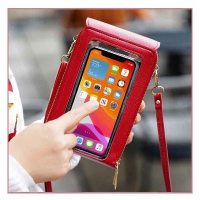 pochette téléphone bandoulière rouge vue téléphone accès Komplet