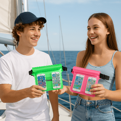 pochette téléphone étanche couple adolescent sur bateau Soumarine