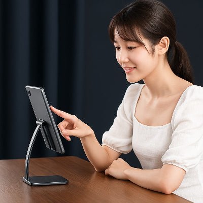 support telephone femme très-souriant au travail Buropliable