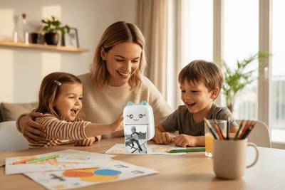 "Famille heureuse utilisant une imprimante thermique mini pour imprimer des photos souvenirs"