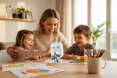 "Famille heureuse utilisant une imprimante thermique mini pour imprimer des photos souvenirs"