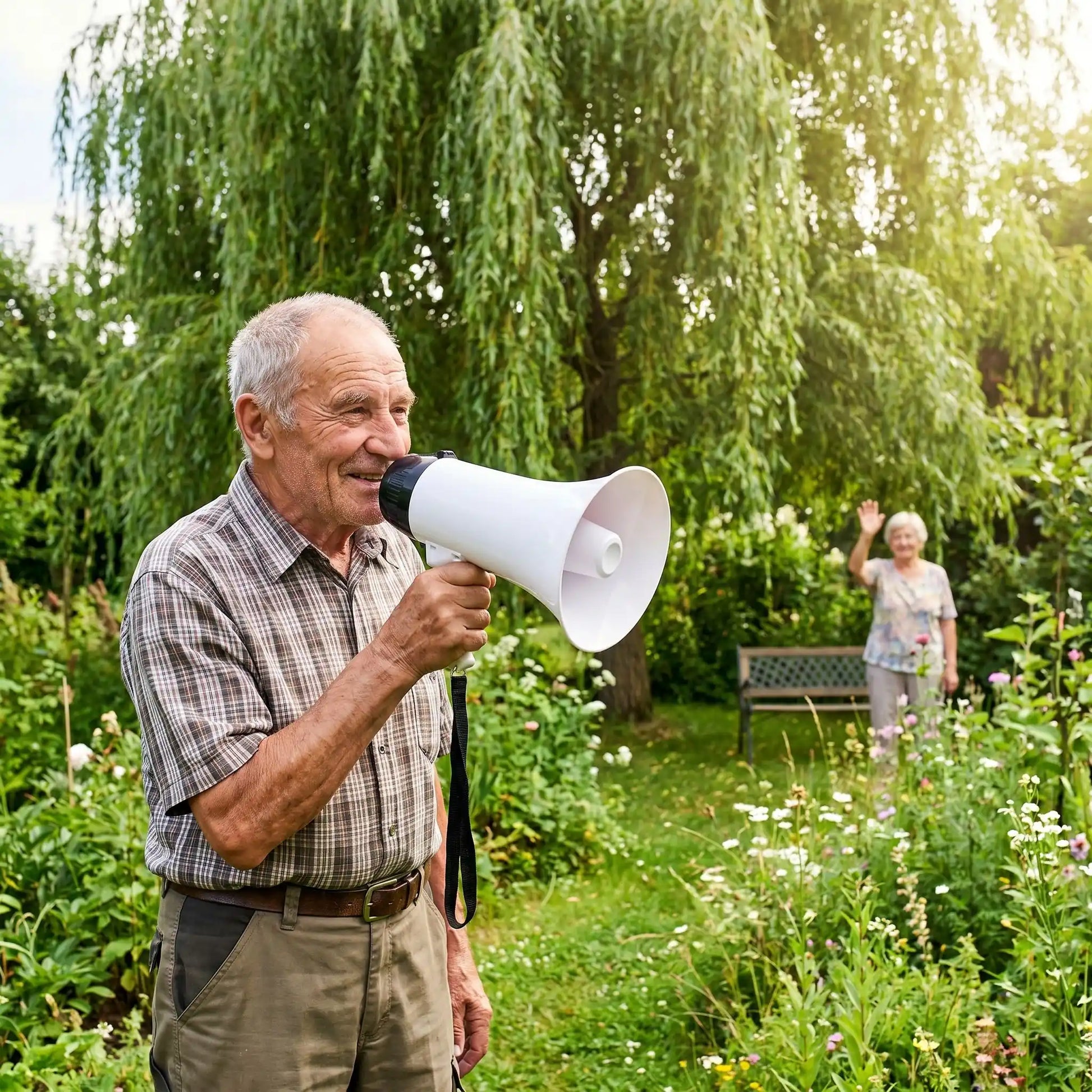 Amplificateur de son papy appelant mamy dans jardin Megason