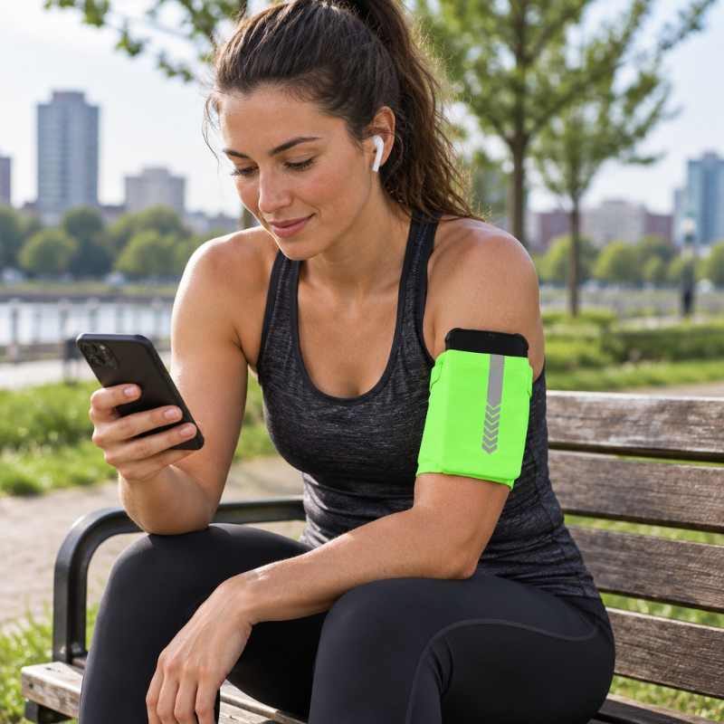 Brassard telephone joggeuse assise sur un banc Brassartel