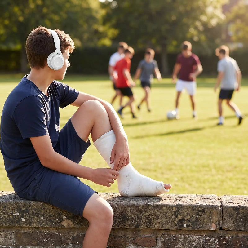 Casque audio bluetooth gamin blessé écoutant musique près amis jouant au football Bandostereo