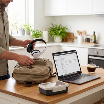 Casque sans fil Bluetooth un homme place ce casque dans sac de travail Pliablebluetooth
