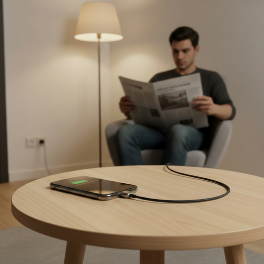 Chargeur de téléphone dans salon chargeur branché homme dans fauteuil Securitycharg