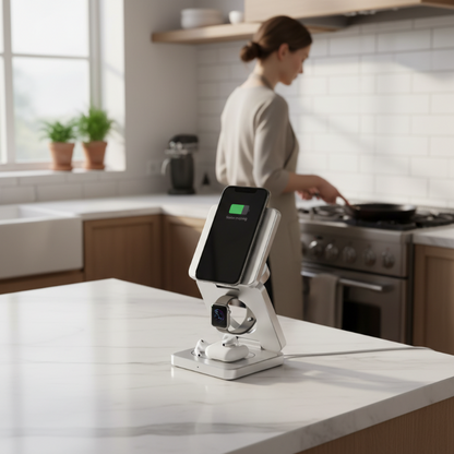Chargeur induction iPhone avec femme dans cuisine Magnepliant
