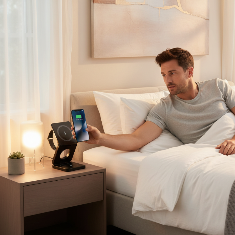 Chargeur induction iPhone support noir chambre reveil homme Magnepliant