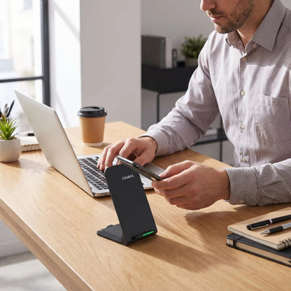 Chargeur induction iphone homme travaille Statcharge