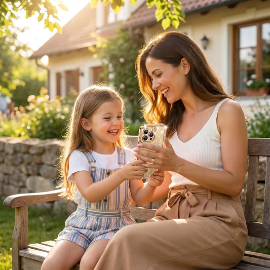 Coque transparente iphone 13 maman et fille sur banc Brilleprotect