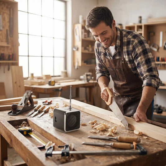 Enceinte Bluetooth portable -menuisier au travail Plusradio