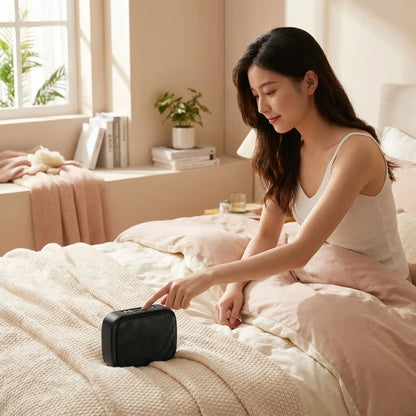 Enceinte jeune fille lit écoute musique portatif