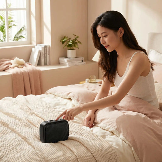Enceinte jeune fille lit écoute musique portatif