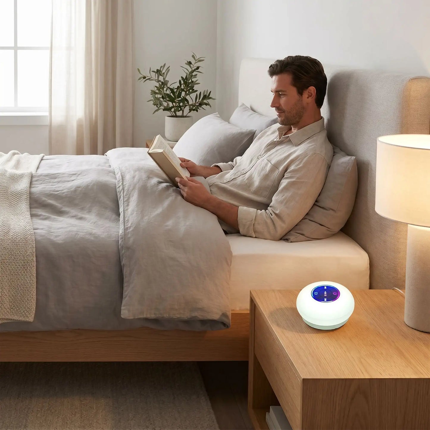 Enceinte portable blanche homme dans son lit Miniparleur