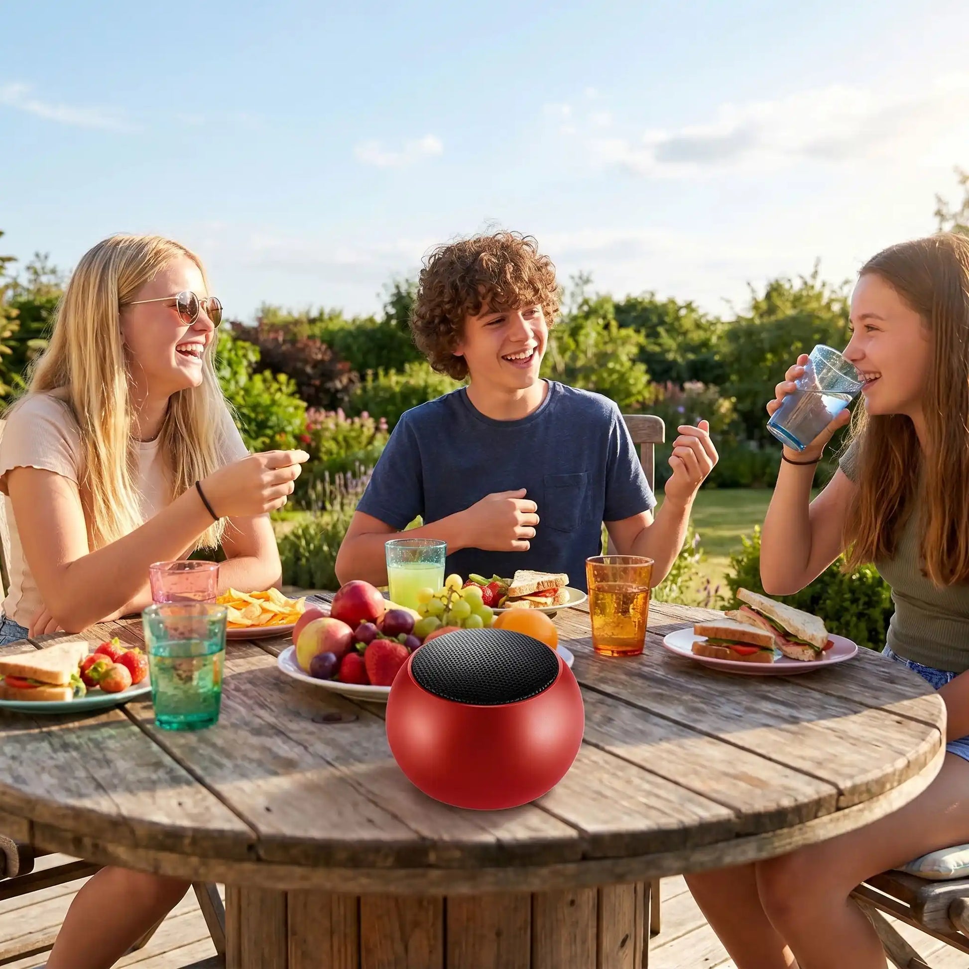 Enceinte portable jeunes dehors à table Ministereo