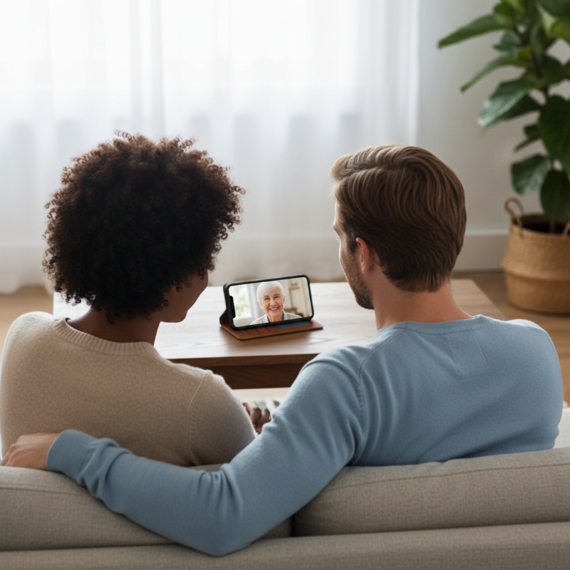 Etuis telephone couple vu de dos regardant leur mere sur le telephone place sur support Rabacuir