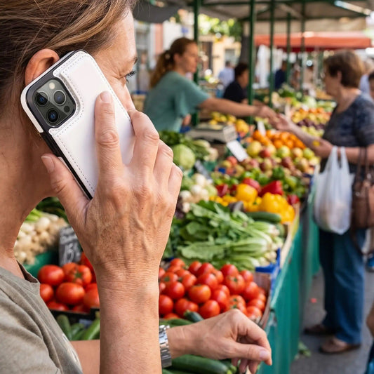 Etuis telephone femme telephonant au marche Doublattach