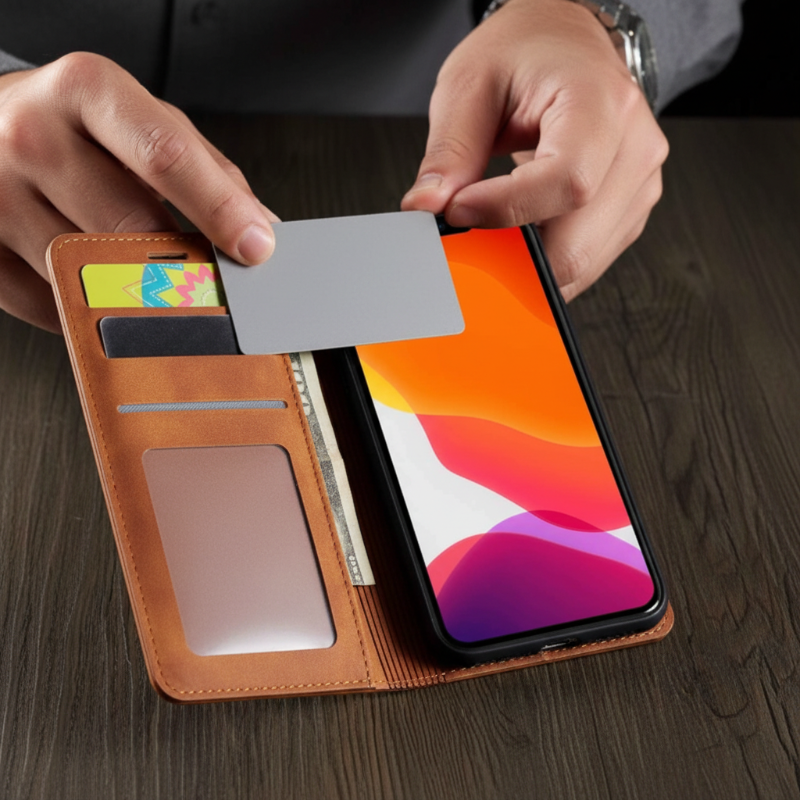 Etuis telephone homme glissant une carte bancaire dans l etui portefeuille Rabacuir