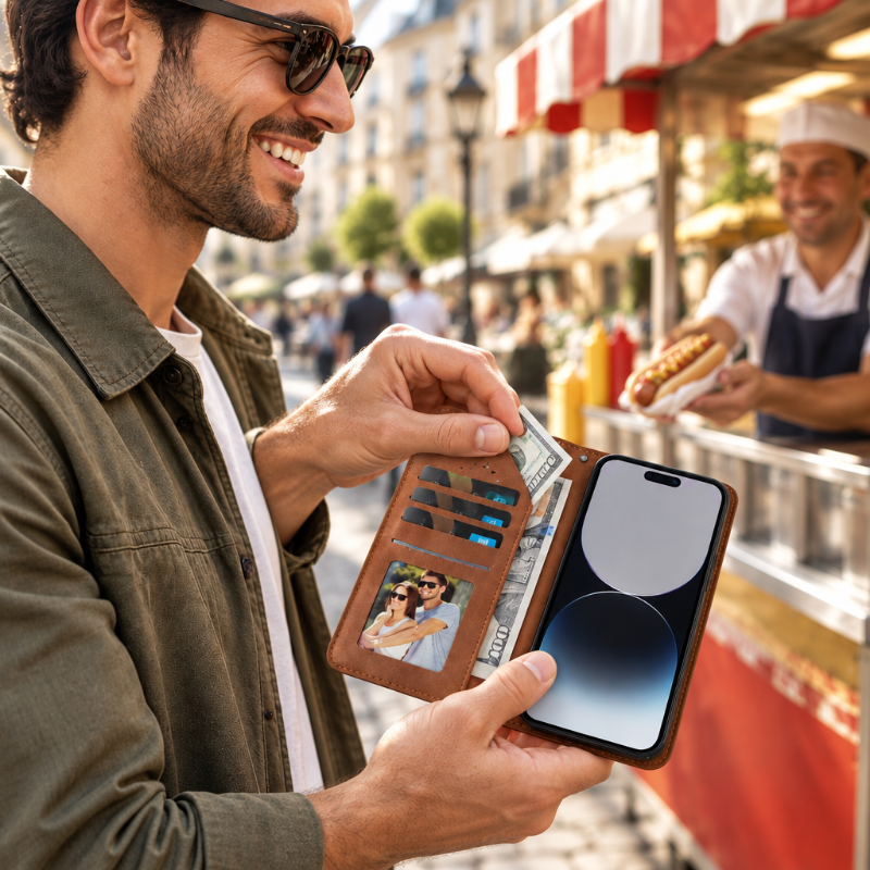 Etuis telephone homme payant un hot dog avec un billet Suporetui