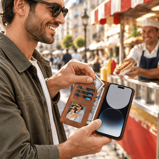 Etuis telephone homme payant un hot dog avec un billet Suporetui