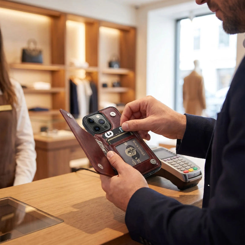 Etuis telephone homme sortant sa carte de banque Doublattach