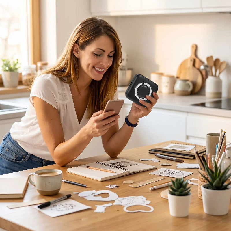 Imprimante bluetooth femme en cuisine occupée impression Rapidimprim