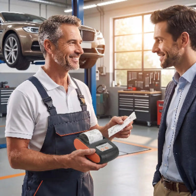 Imprimante bluetooth orange dans les mains du garagiste Facturprint