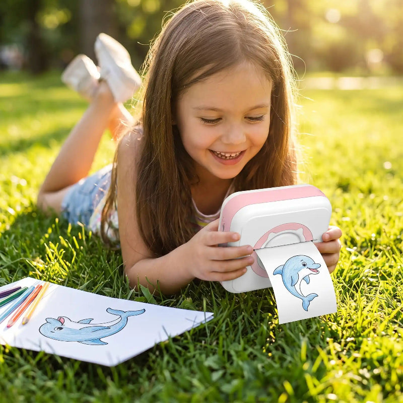 Imprimante thermique avec une jeune fille couchée dans l herbe dessinant un dauphin Impression