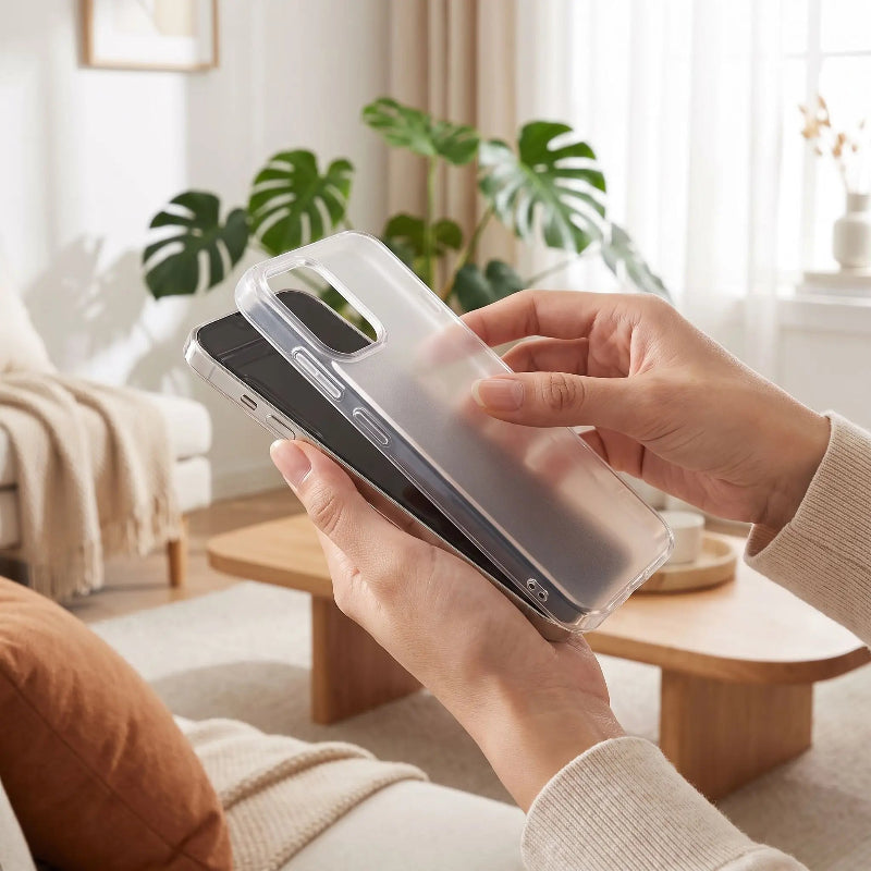 Iphone 13 coque transparente mise en place sur téléphone Transpamat