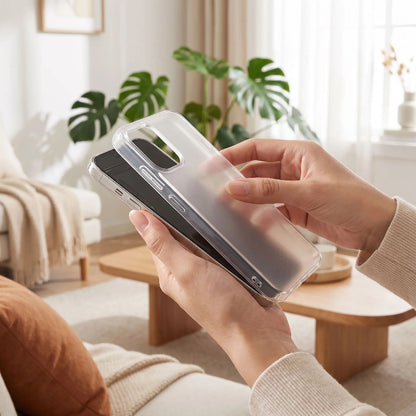 Iphone 13 coque transparente mise en place sur téléphone Transpamat