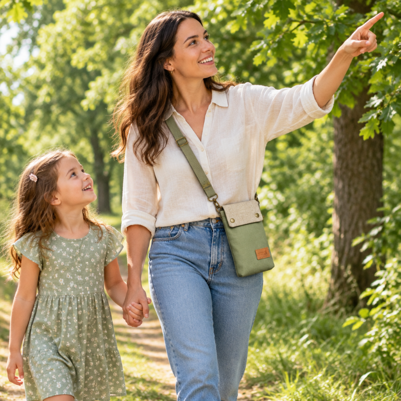 Pochette telephone verte en bandouliere dame se promenant avec sa fille Pochetoile
