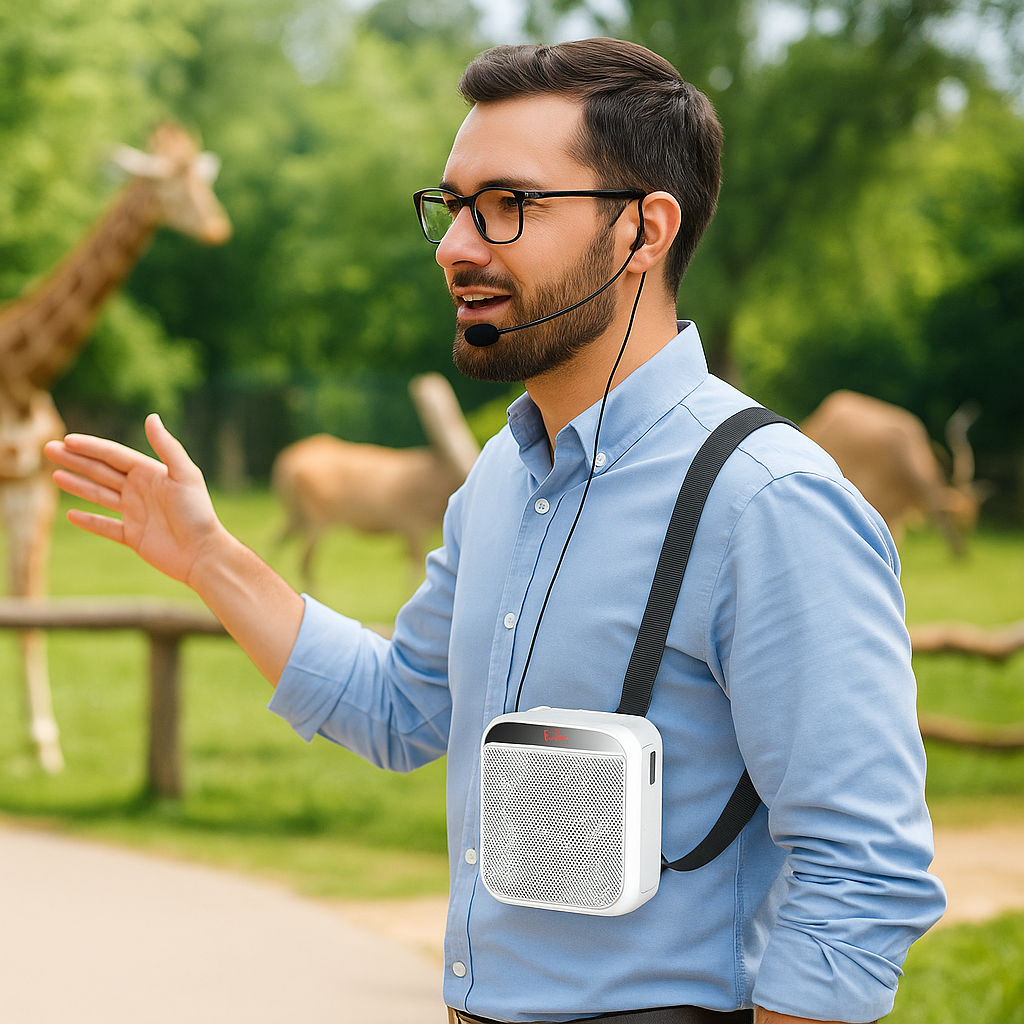 amplificateur de voix avec un homme au zoo parlant dans VoiceAmplifier-bandouillere