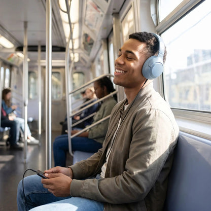 casque bluetooth couleur gris homme dans métro au calme Legris