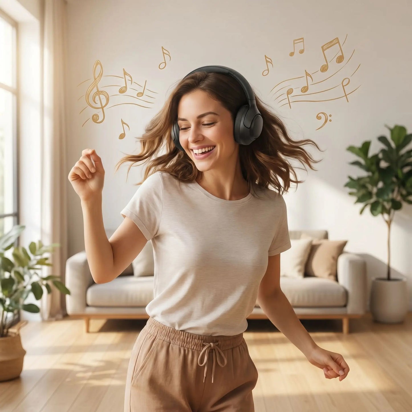casque bluetooth dame heureuse danse sur sa musique Cleartbeat-Lenoir