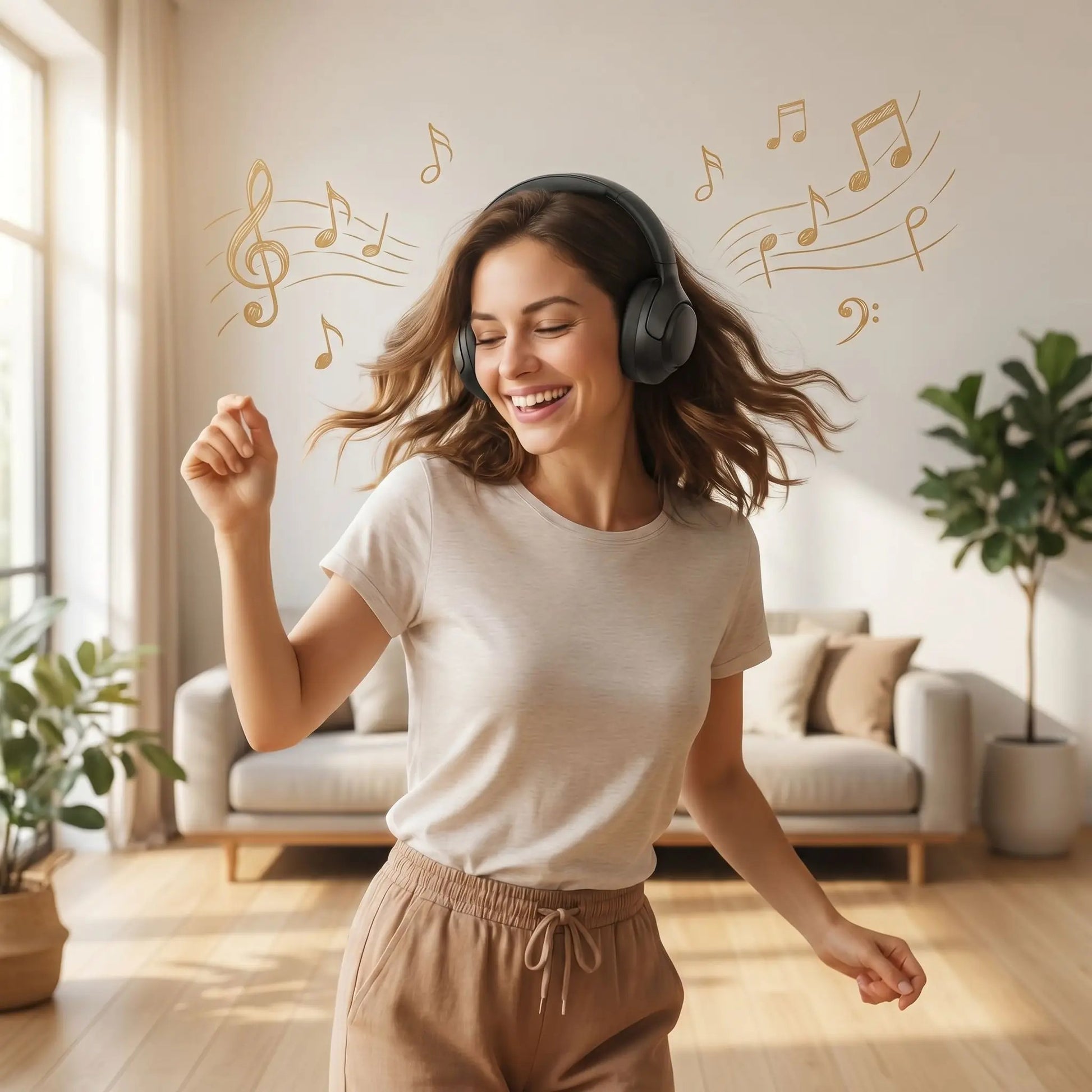 casque bluetooth dame heureuse danse sur sa musique Cleartbeat-Lenoir