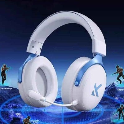 casque sans fil bluetooth blanc détail bleu-clair Gamer-pc