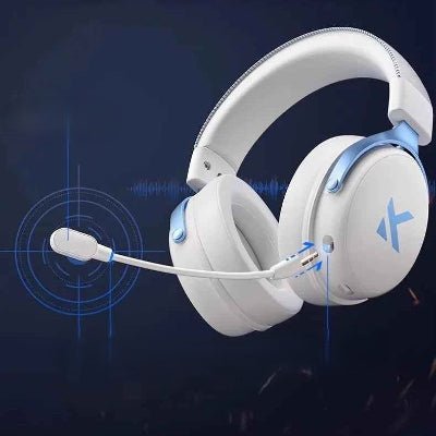 casque sans fil bluetooth blanc detail bleu-clair attache micro Gamer-pc