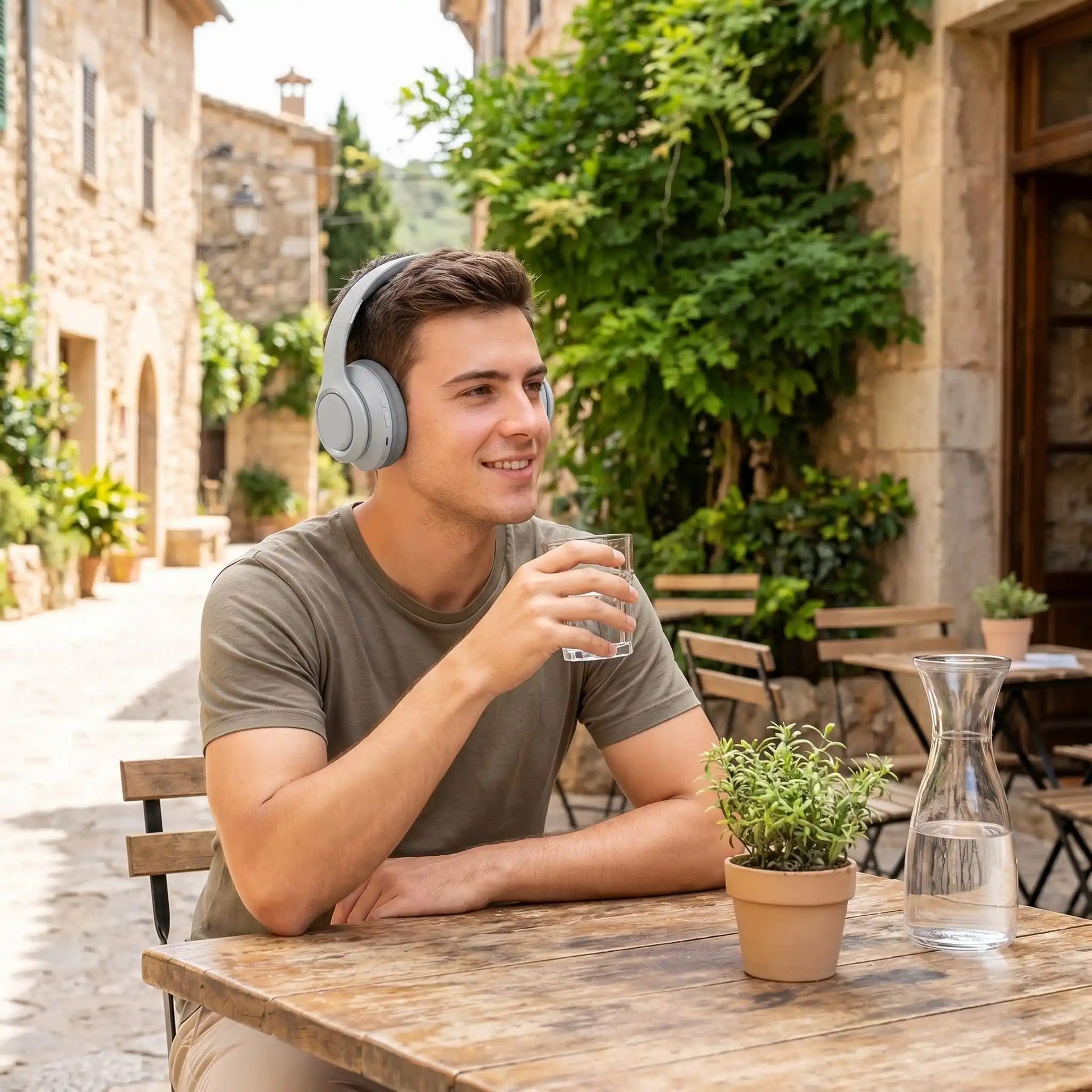 casque sans fil bluetooth homme au calme terrasse Explorson
