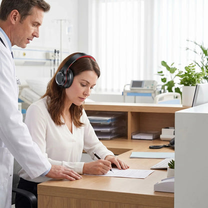 casque sans fil bluetooth secretaire médicale tape ordinateur Explorson