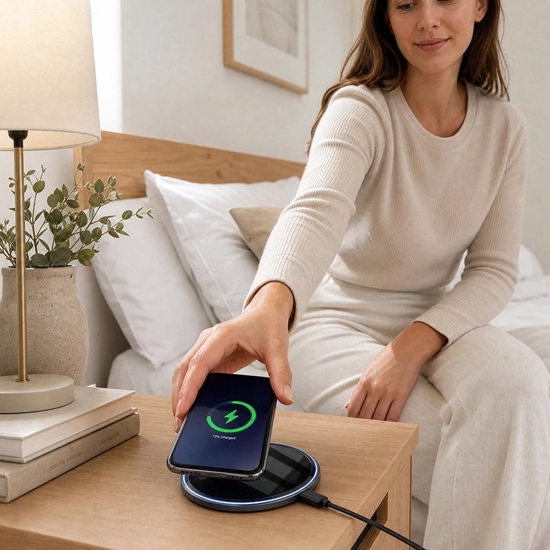 Chargeur sans fil pour téléphone femme place son téléphone Parinduction