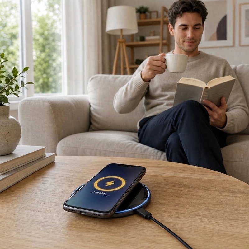 chargeur sans fil pour téléphone vue du téléphone sur plaque chargement Parinduction