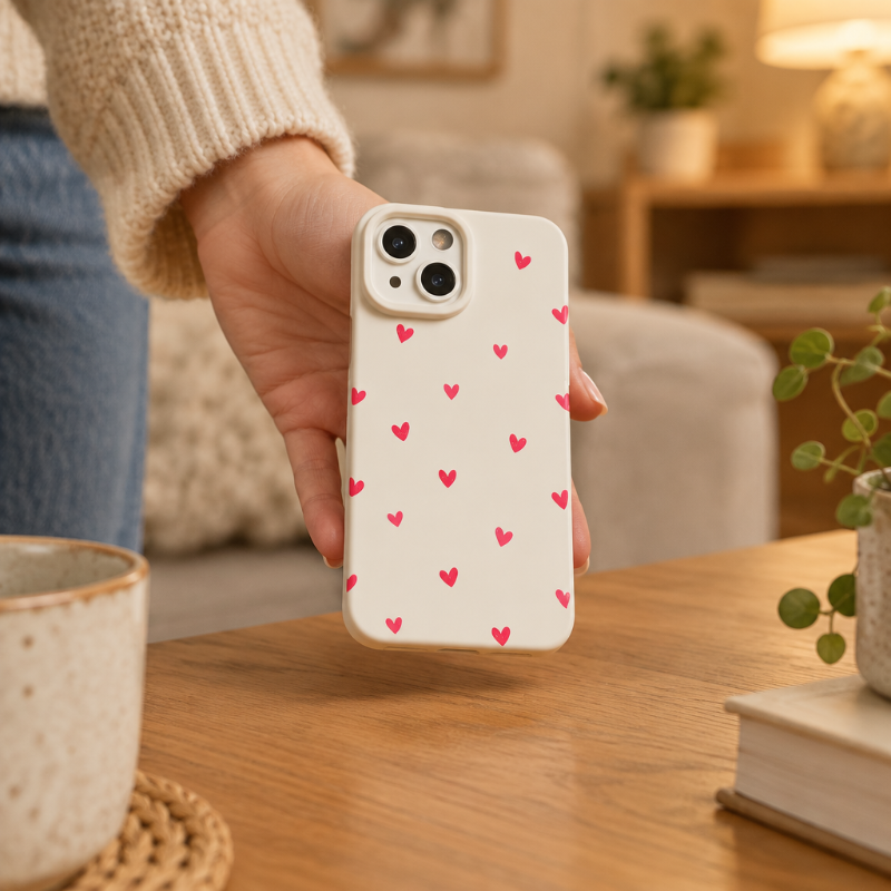 coque en silicone tenue en main au dessus d une table Moncoeur 