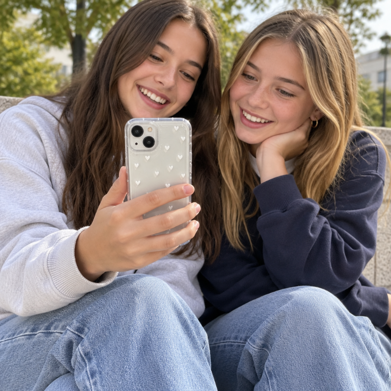 coque iPhone 13 transparente deux adolescentes admirent la nouvelle coque Moncoeur