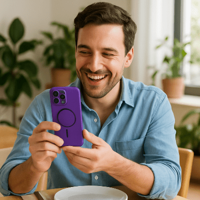 coque iphone 13 homme heureux recevoir sa nouvelle coque Métalu