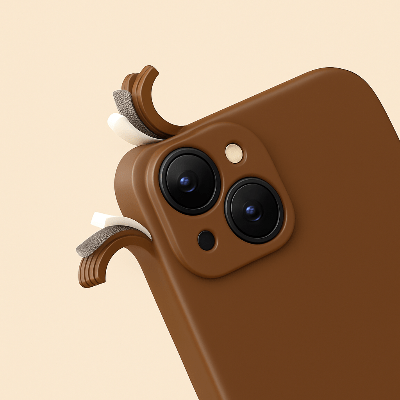 coque iphone 15 Plus en brun montrant renfort efficace Silivelour