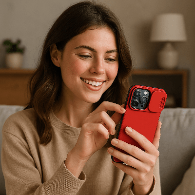 coque iphone 15 jeune dame avec cette coque en main Protécam