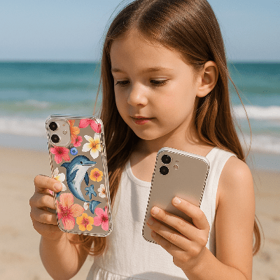 coque iphone 16 Pro fille se préparant à mettre sa coque sur son téléphone Hibilys